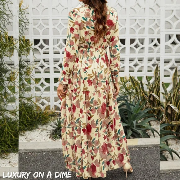 Retro Mix Floral Long Sleeve Ruffle Tiered Flowing V-neck Long Maxi Dress - Picture 9 of 10